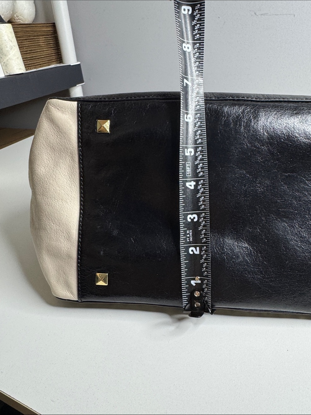 Badgley Mischka Studded Leather Satchel Tote Bag Black & Cream Colorblock - Picture 15 of 17